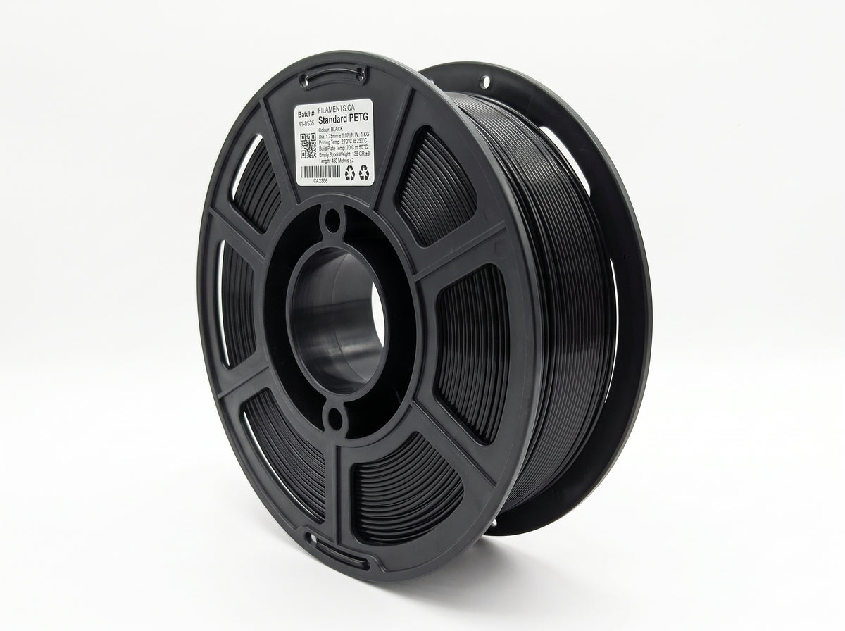 Standard PETG Black 1.75mm filament on a plastic spool